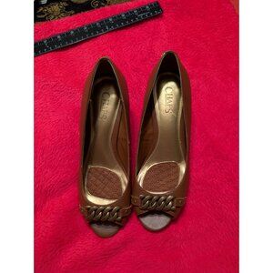 Chaps Pamona Brown Wedge Peep Toe Heels Size 7B Chain Accent Faux Leather Shoes